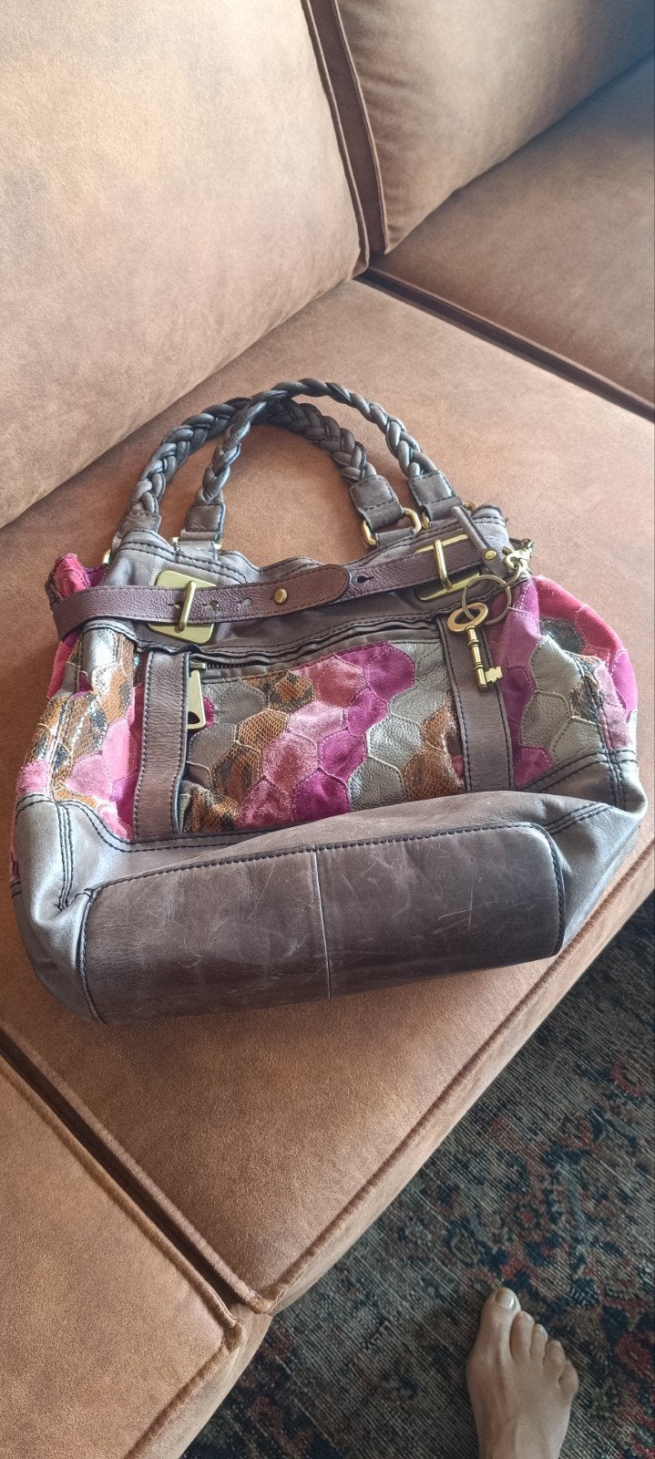 Fossil Handtas - Bruin met kleurrijke patchwork details, Ophalen of Verzenden, Gebruikt, Bruin, Handtas