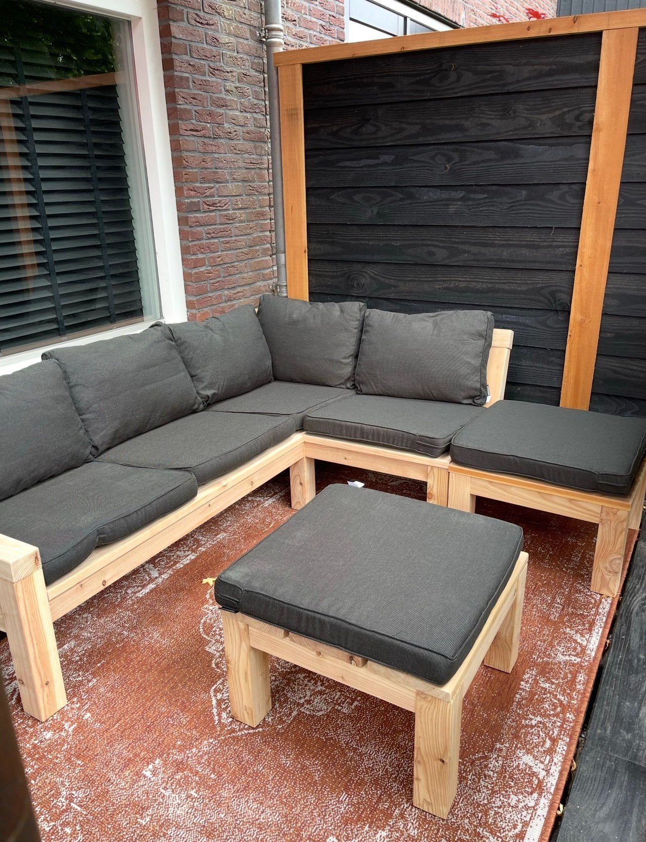 Hoekbank Douglas hout Lono + hockers + kussens (thuins), Tuin en Terras, Tuinsets en Loungesets, Ophalen, Zo goed als nieuw, Steigerhout
