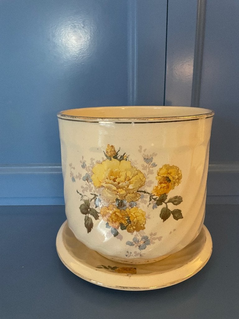 Vintage Petrus Regout bloempot met schotel - Gele rozen, Ophalen of Verzenden