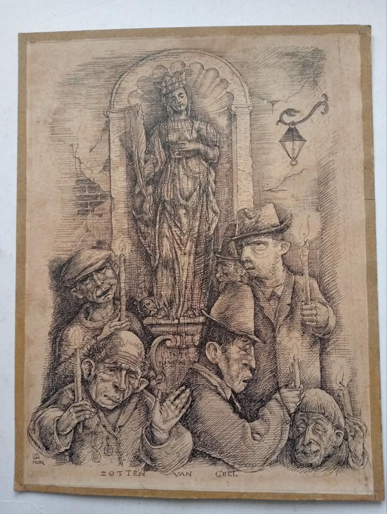 Luc van Hoek pentekening 'De Zotten van Geel', Ophalen of Verzenden