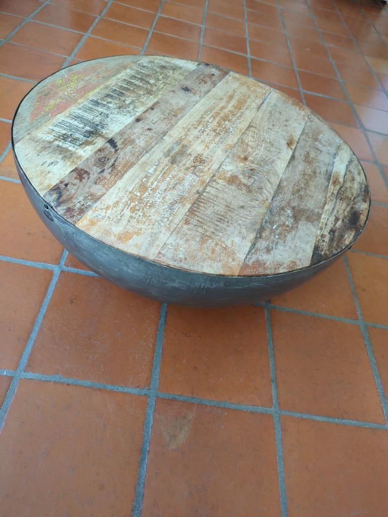 Unieke salontafel van hout en metaal, ronde vorm, Huis en Inrichting, Tafels | Salontafels, Ophalen