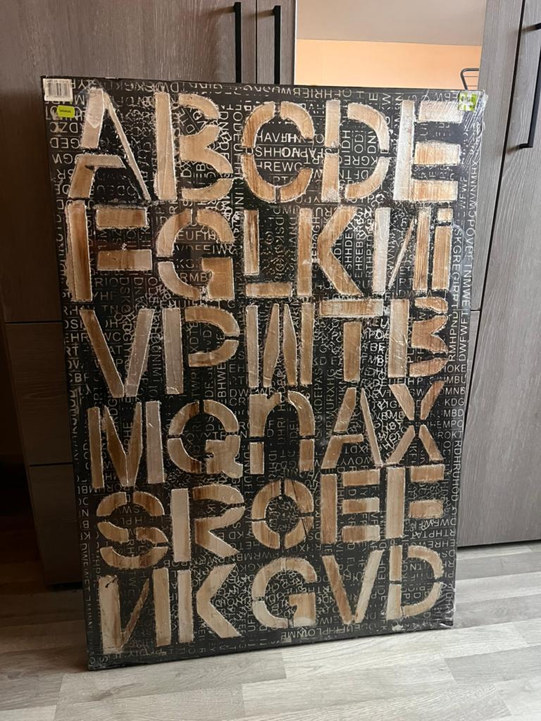 Olieverf schilderij canvas | Zwart goud | Alfabet, Antiek en Kunst, Ophalen of Verzenden