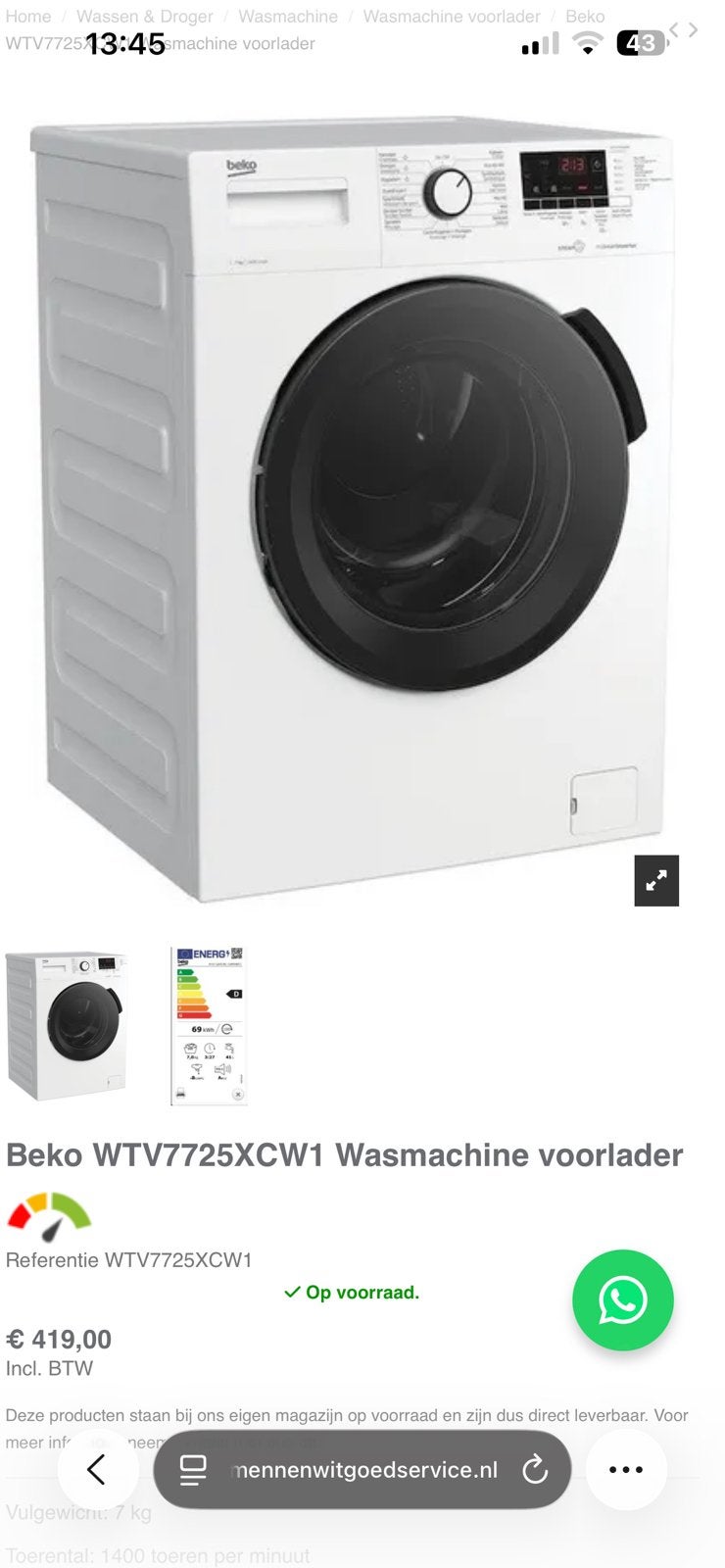 Beko wasmachine, Witgoed en Apparatuur, Wasmachines, Ophalen, Zo goed als nieuw, 1200 tot 1600 toeren