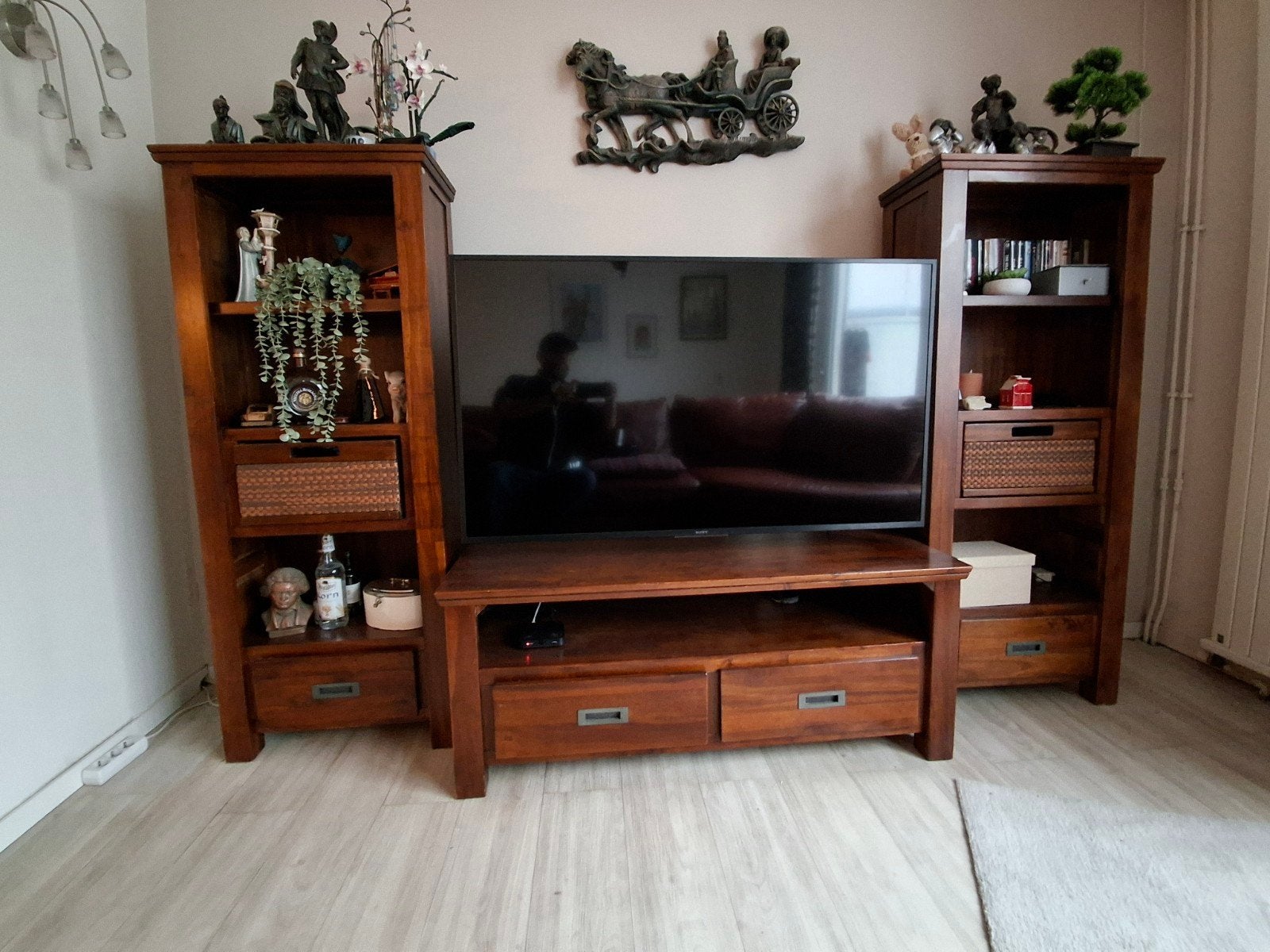 Massief houten tv-meubel met 2 boekenkasten, Huis en Inrichting, Ophalen, Gebruikt, 150 tot 200 cm, Klassiek, Landelijk