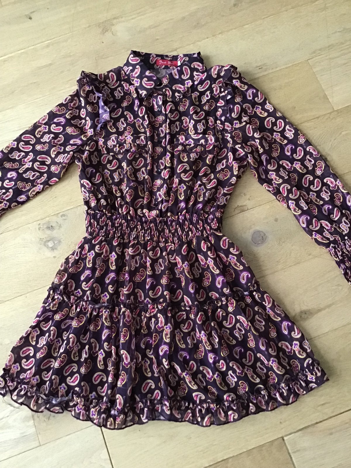 Donkerpaarse jurk met paisley print Just Dai maat S, Paars, Ophalen of Verzenden, Zo goed als nieuw, Maat 36 (S)