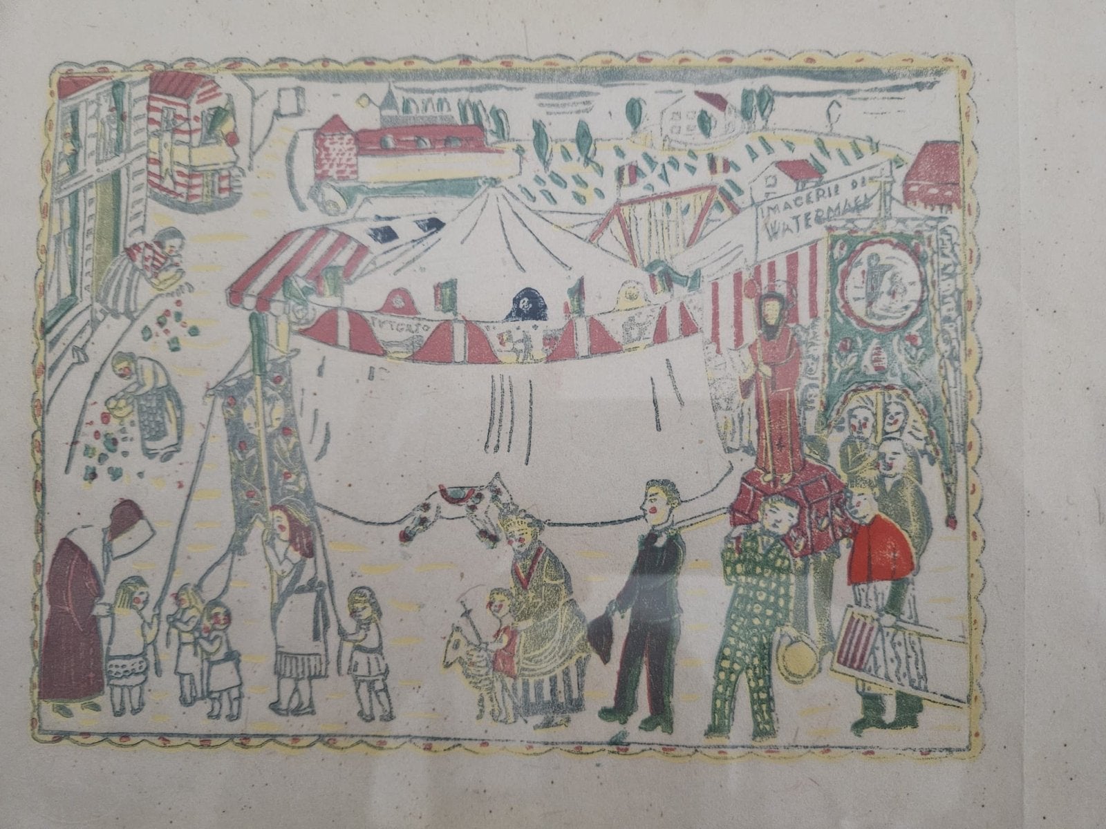 Kleurrijke volkskunst prent van een kermis, Ophalen, Overige stijlen, Print, Overige onderwerpen
