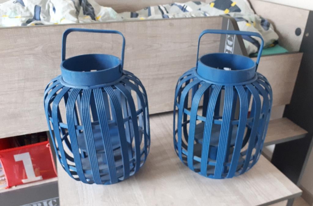2 stuks Bamboe lantaarns, Ophalen, 25 tot 50 cm, Blauw, Zo goed als nieuw