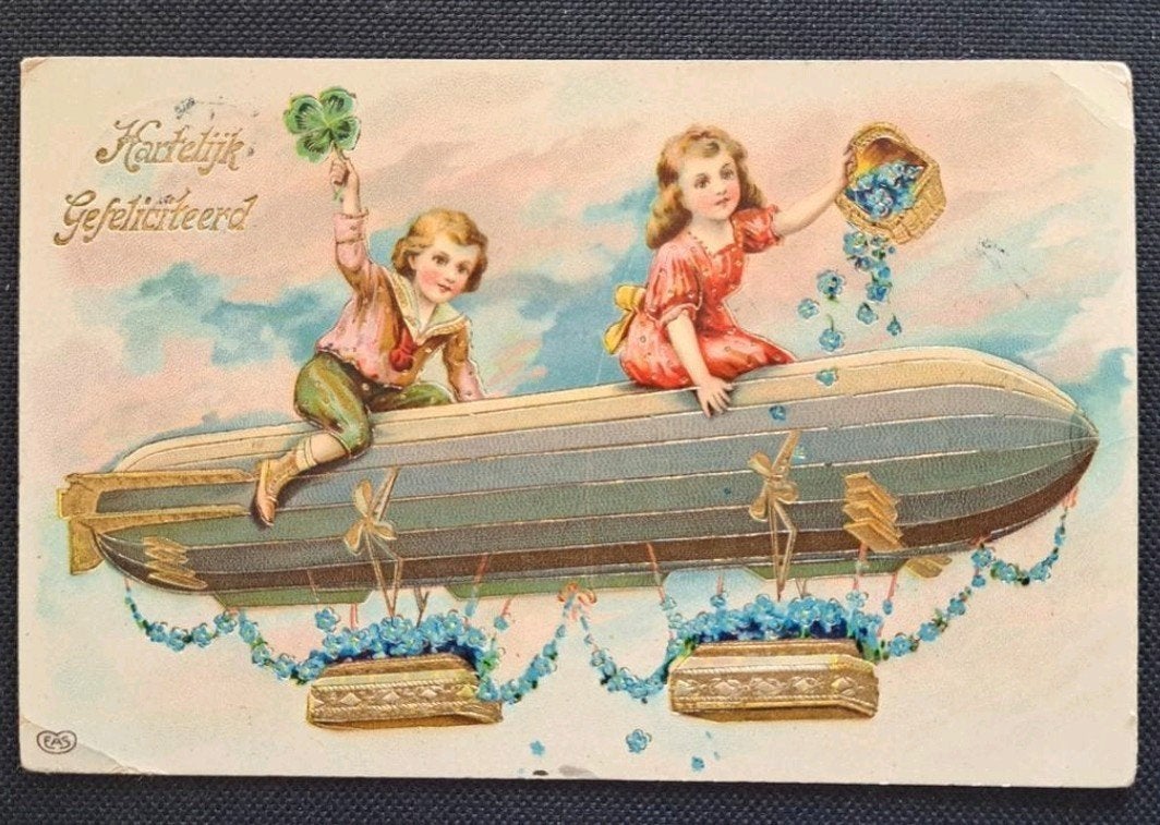 Oude ansichtkaart: Kinderen op Zappelin - 7 aug. 1912, Ophalen of Verzenden, Voor 1920, Gelopen, Overige thema's