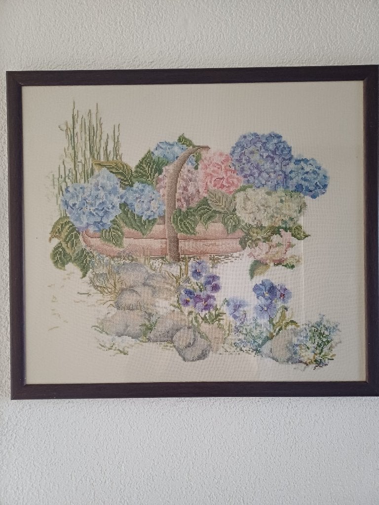 Borduurwerk ,,Hortensia,s,, ingelijst met glas, Gebruikt, Ophalen of Verzenden, 48 cm, Ingelijst