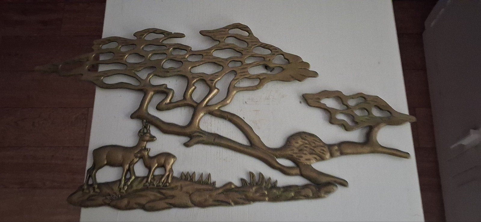 Mooie koperen wanddecoratie met herten en boom, Ophalen of Verzenden