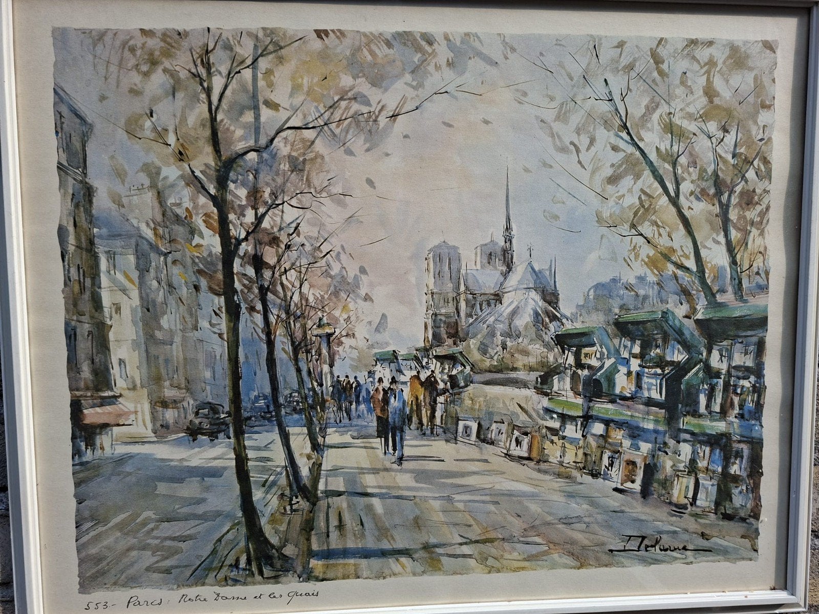 Vintage Aquarel Parijs: Notre Dame en de Seine, Realistisch, Ophalen of Verzenden, Aquarel, Ingelijst