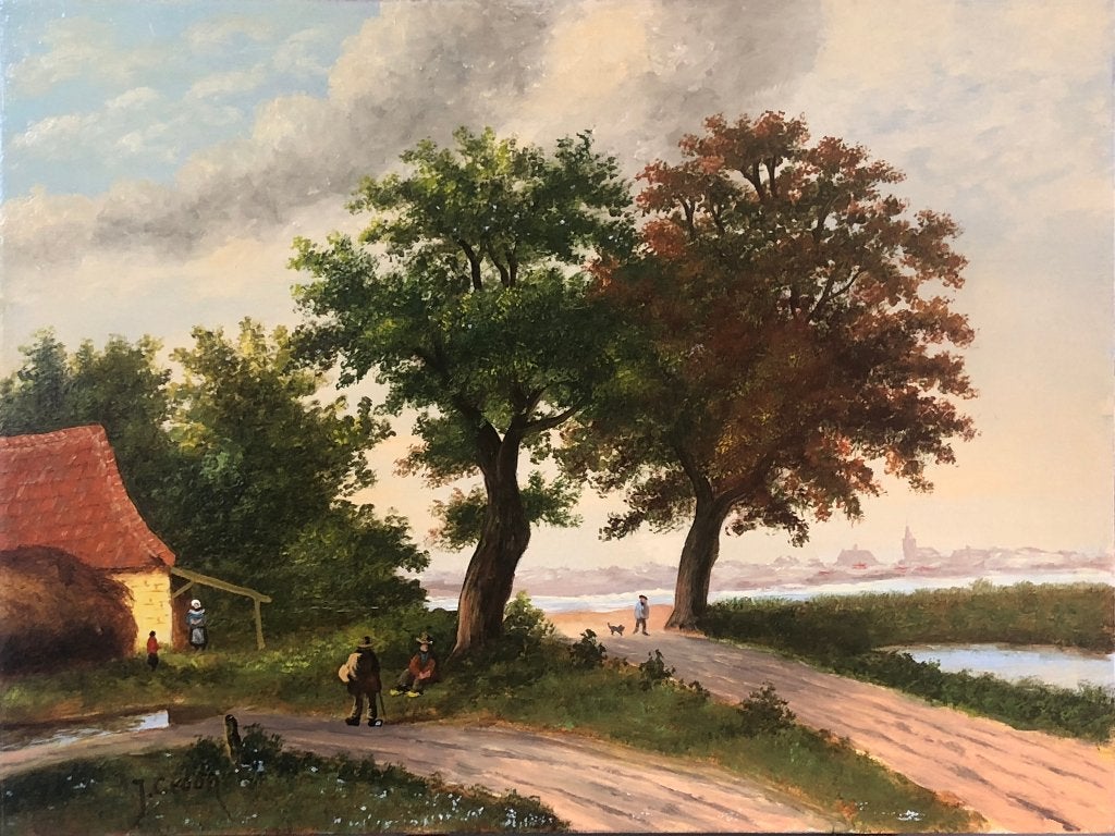 J. Croon Schilderij 'Huis bij rivier met stad in het verschi, Ophalen of Verzenden