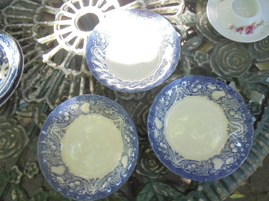3 x Engels Myott Maekin pap/vla kommetje blauw fruit decor, Ophalen of Verzenden