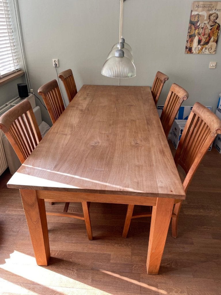 eettafel (eiken) met 6 stoelen 2,40 x 98, Huis en Inrichting, Tafels | Eettafels, Ophalen, Gebruikt, Eikenhout, 200 cm of meer