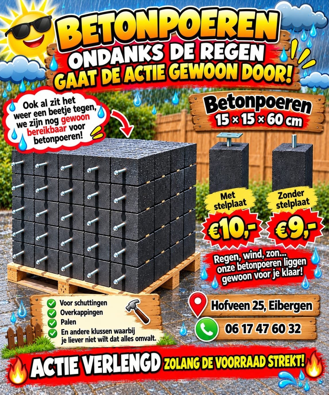 ACTIE VERLENGD! Betonpoeren 15x15x60 cm vanaf €9,-, Ophalen, Nieuw, 1 tot 2 meter