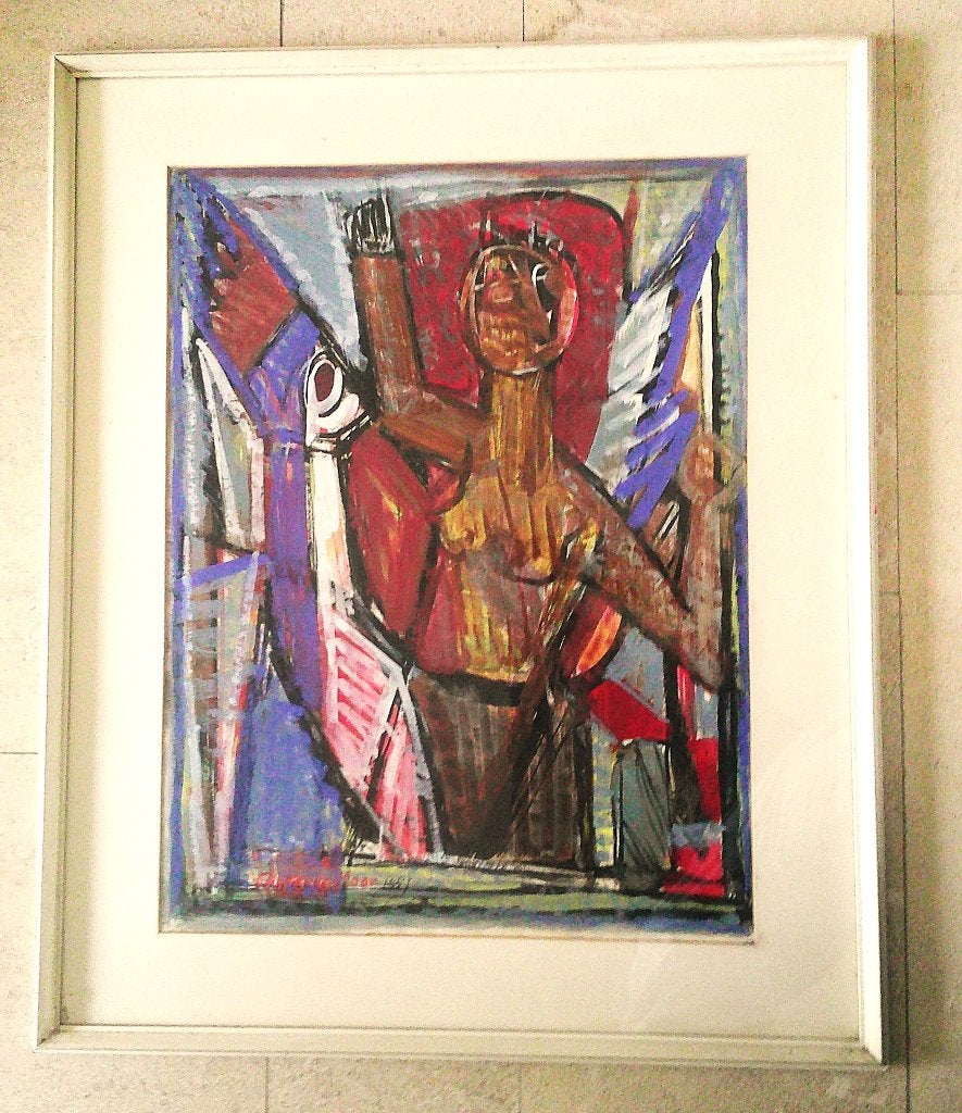 Figuur in abstr compositie '57 - Christian de Moor 1899-1981, Gouache, Portret of Personen, Gedateerd, Impressionistisch