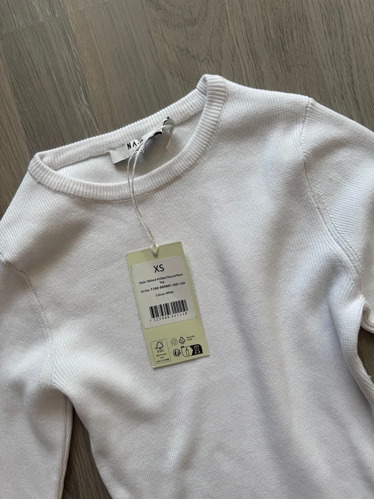NA-KD Witte Ribgebreide Top met Ronde Hals, Maat XS, Ophalen of Verzenden, Nieuw, Maat 34 (XS) of kleiner, Wit