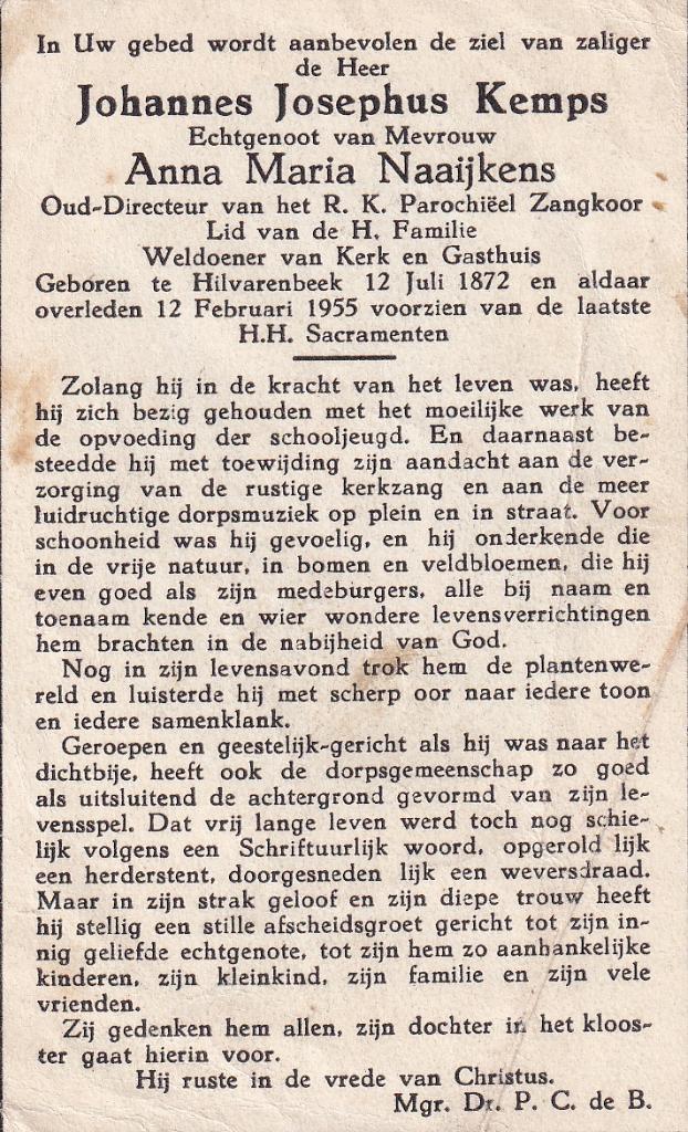 Kemps Johannes 1872 Hilvarenbeek 1955, Ophalen of Verzenden, Bidprentje