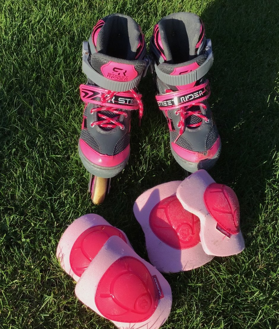 Skeelers, skates roze/grijze met beschermers Mt 31 tot 34, Ophalen, Gebruikt, Overige typen, Overige merken