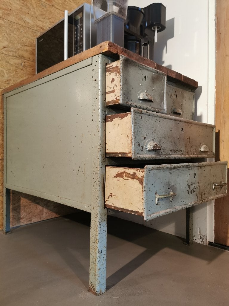 Oude industriële werkbank werktafel, Ophalen, Gebruikt