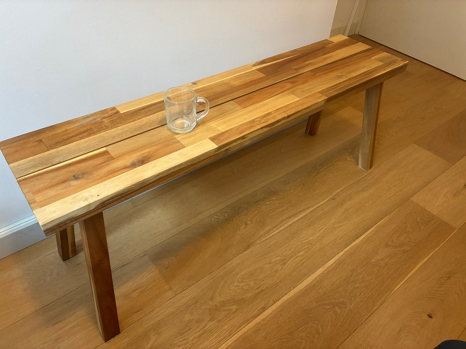 Massief acacia houten bank 120x45x29 cm Ikea Skogsta, Ophalen of Verzenden, Zo goed als nieuw, Bruin, Hout