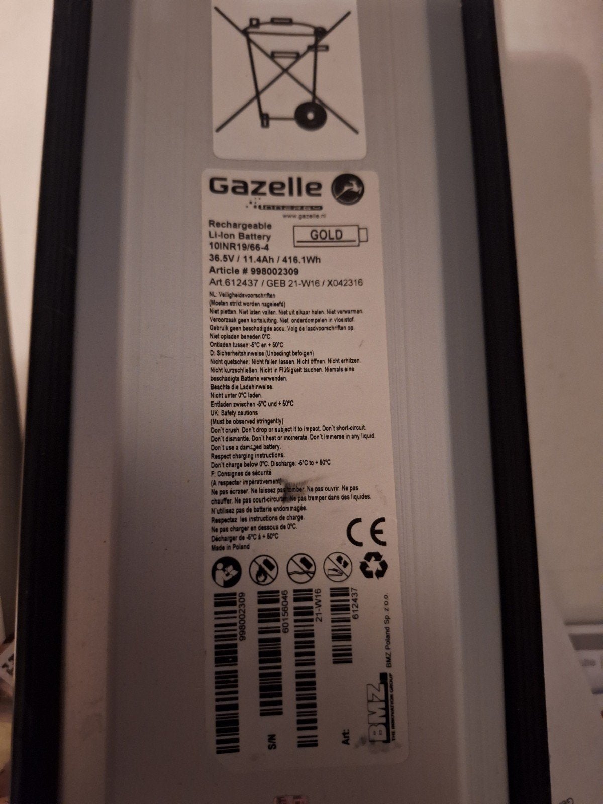 Gazelle Innergy Gold Accu en Oplader 36V, Gebruikt