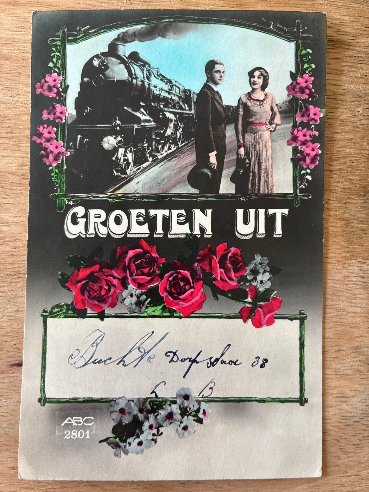 Oude ansichtkaart: Groeten uit - Trein, man en vrouw, Verzamelen, Ophalen of Verzenden, Voor 1920, Gelopen