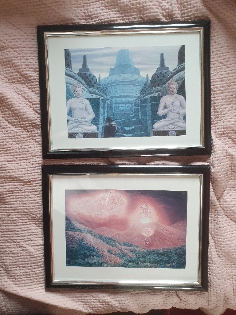2 schilderijen met Boeddha's, Ophalen of Verzenden, Zo goed als nieuw, Minder dan 50 cm, Schilderij