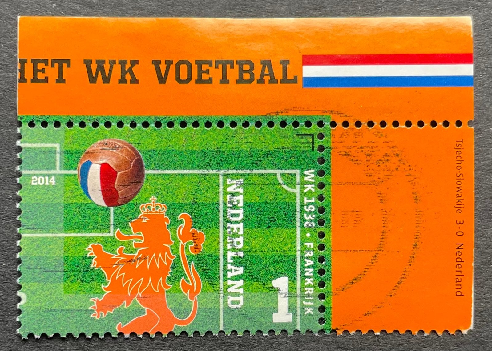 2014 Oranje o/h WK voetbal nvph 3188/hoek 1e druk! 1938 Fran, Postzegels en Munten, Ophalen of Verzenden, Na 1940, Gestempeld