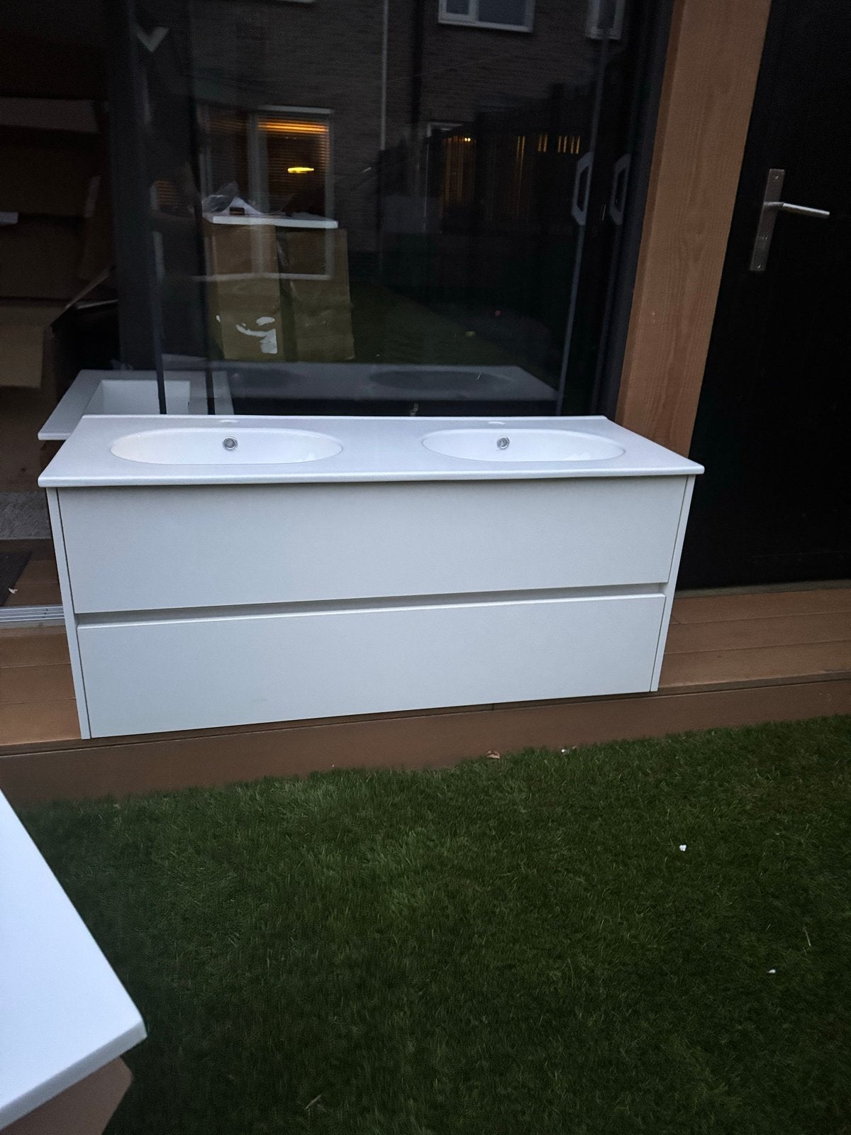 Wastafelmeubel met dubbele wasbak en twee lades, Huis en Inrichting, 100 tot 150 cm, Nieuw, Ophalen of Verzenden, Minder dan 100 cm
