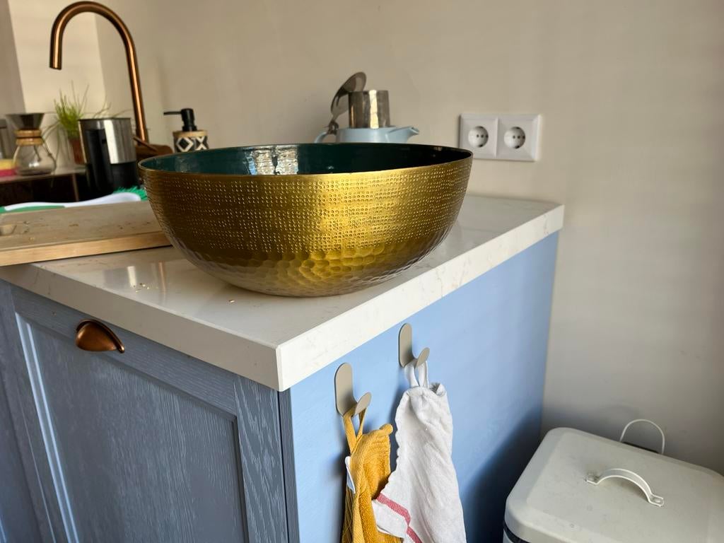 Prachtige grote gouden/donkergroene (fruit)schaal, Ophalen of Verzenden, Zo goed als nieuw