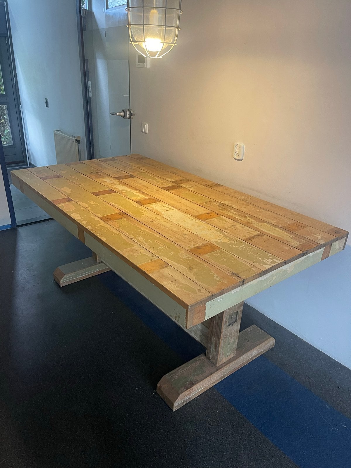 Piet Hein Eek stijl tafel van gerecycled hout, Ophalen, Gebruikt, 100 tot 150 cm, 150 tot 200 cm