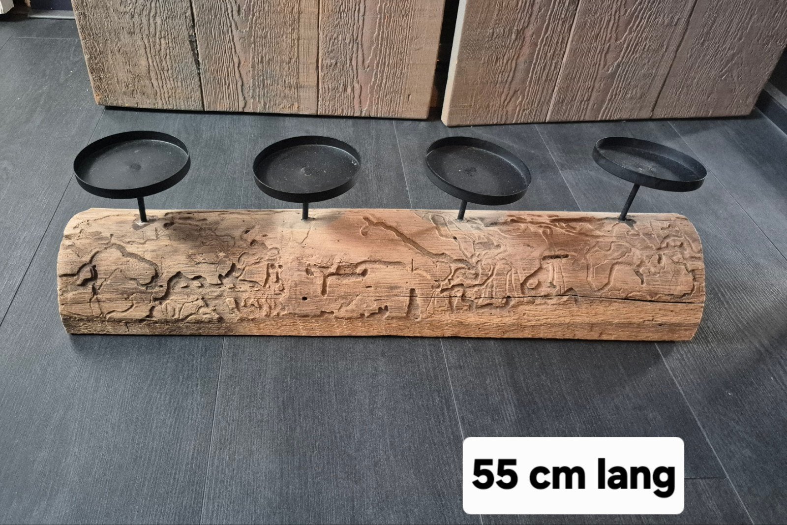 Rustieke houten kandelaar met 4 metalen houders - 55 cm, Ophalen, Bruin, Overige merken, Zo goed als nieuw