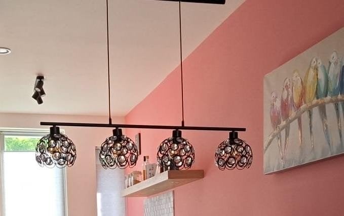 Zwarte (eettafel) hanglamp met 4 bollen en kristallen, Ophalen, Gebruikt, E27 (groot), Glas