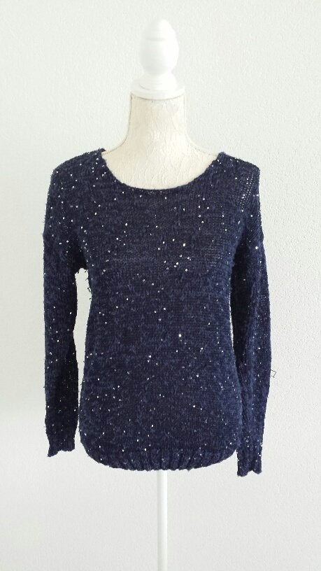 Donker blauwe trui met glitter, Ophalen, Gedragen, Maat 38/40 (M), Blauw