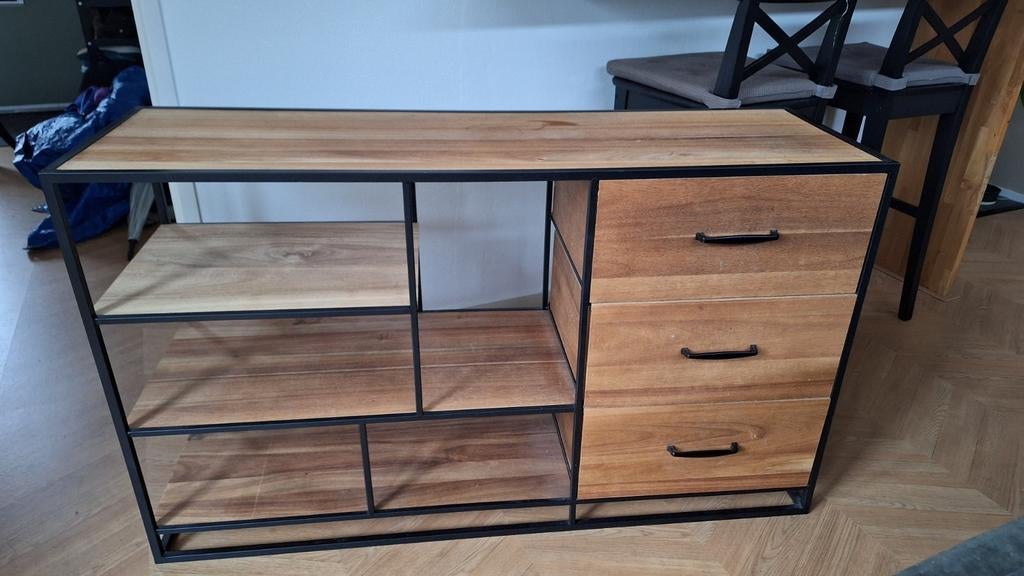 Mangohouten Ladekast met Zwart Metalen Frame - 130x75x40cm, Huis en Inrichting, Kasten | Ladekasten, Gebruikt, 100 tot 150 cm