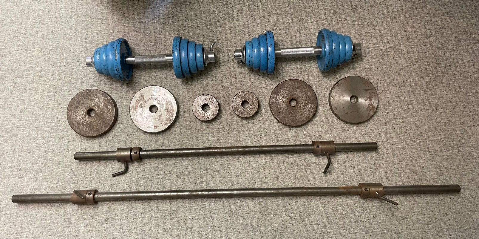 Dumbels en halters “old school”, Ophalen, Zo goed als nieuw, Halterset
