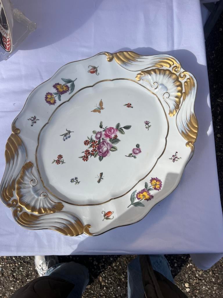 Grote antieke porseleinen schaal (50 cm) – handbeschilderd, Ophalen of Verzenden