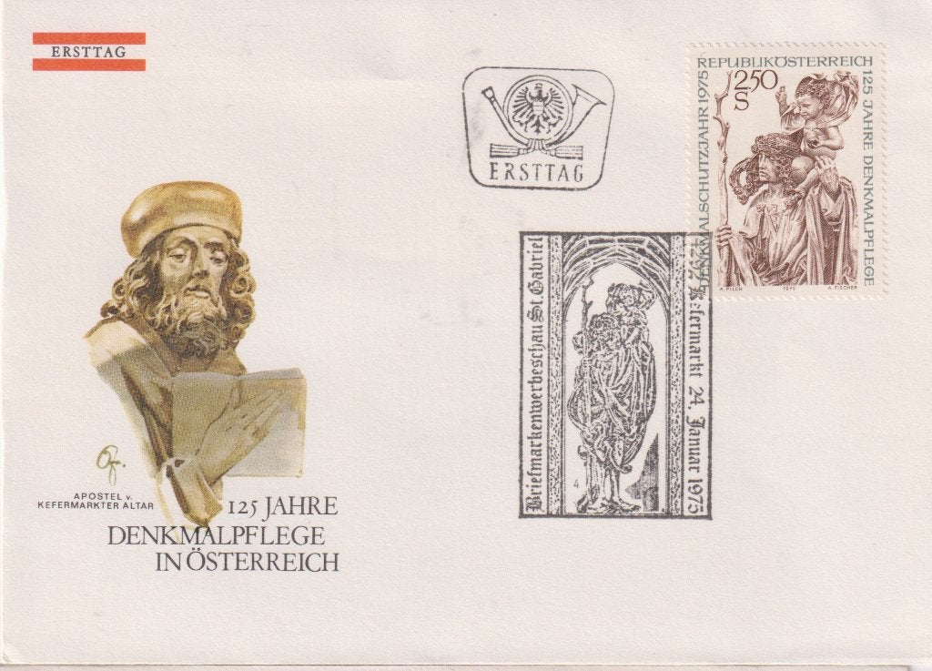 Oostenrijk 1975 125 jaar Monumentenzorg buste beeld S044, Postzegels en Munten, Postzegels | Eerstedagenveloppen, Verzenden, Onbeschreven