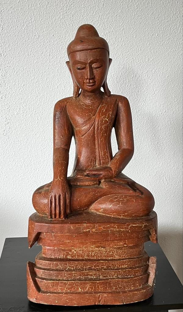 Grote Birmese Boeddha - Shan Stijl - Teakhout - 47 cm, Antiek en Kunst, Ophalen of Verzenden