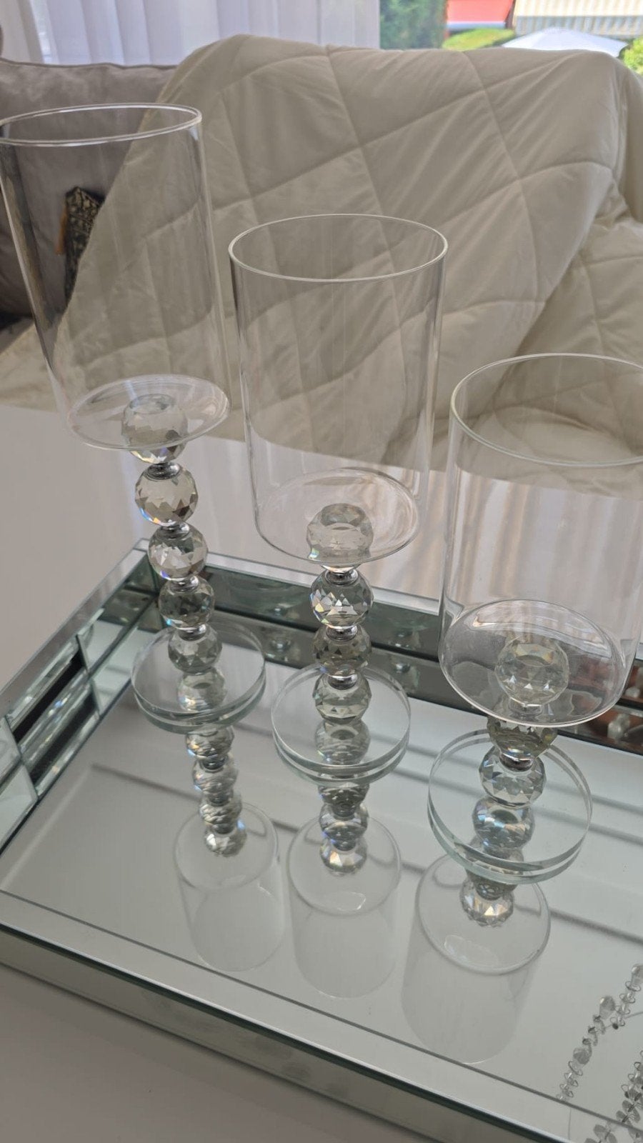Glazen kandelaars en decoratieve schaal met kristallen, Ophalen, Zo goed als nieuw, Glas, Kandelaar