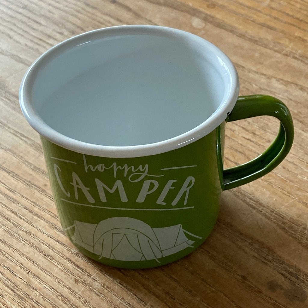 Emaille mok beker groen wit happy camper, Ophalen of Verzenden