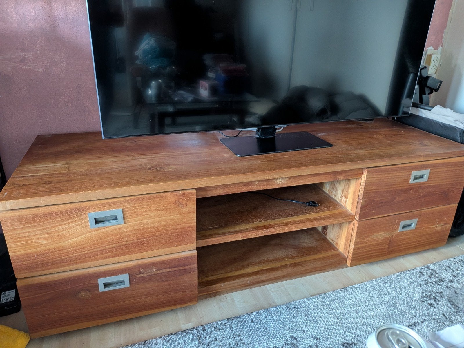 Houten tv-meubel met lades en open vakken, Ophalen, Gebruikt, 150 tot 200 cm, Minder dan 100 cm