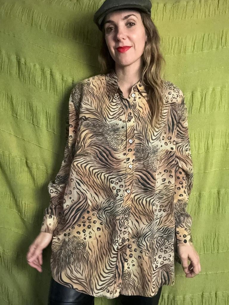 Vintage blouse, maat 42/44 - XL/XXL - panter/ tijger - print, Kleding | Dames, Bruin, Maat 42/44 (L), Onbekend, Ophalen of Verzenden