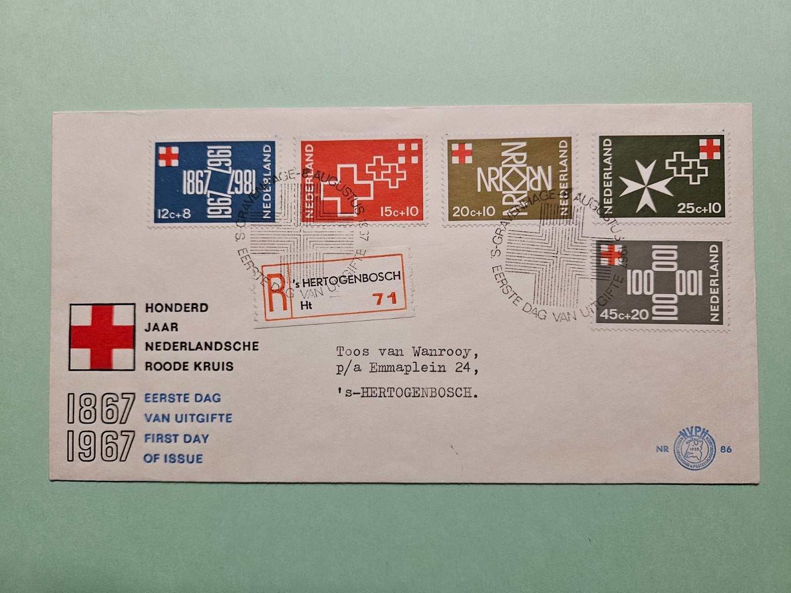 65) 100 jaar Rode Kruis 1967, Postzegels en Munten, Postzegels | Eerstedagenveloppen, Ophalen of Verzenden, Beschreven, Nederland
