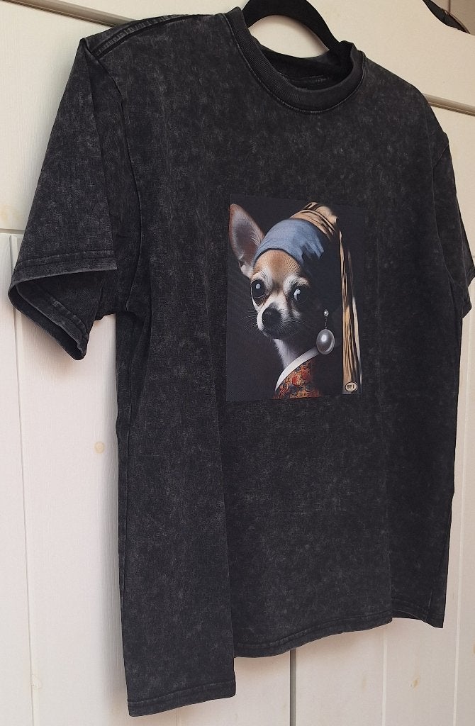 dames shirt zwart gewassen katoen kunst chihuahua parel, Maat 38/40 (M), Zwart, Nieuw, Ophalen of Verzenden