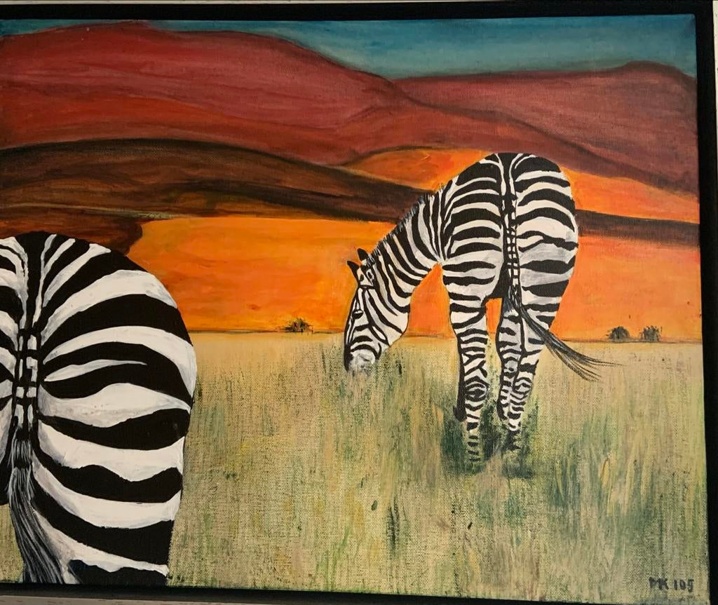 Zebra's in Afrika - Handgeschilderd kunstwerk, Antiek en Kunst, Kunst | Schilderijen | Modern, Ophalen of Verzenden