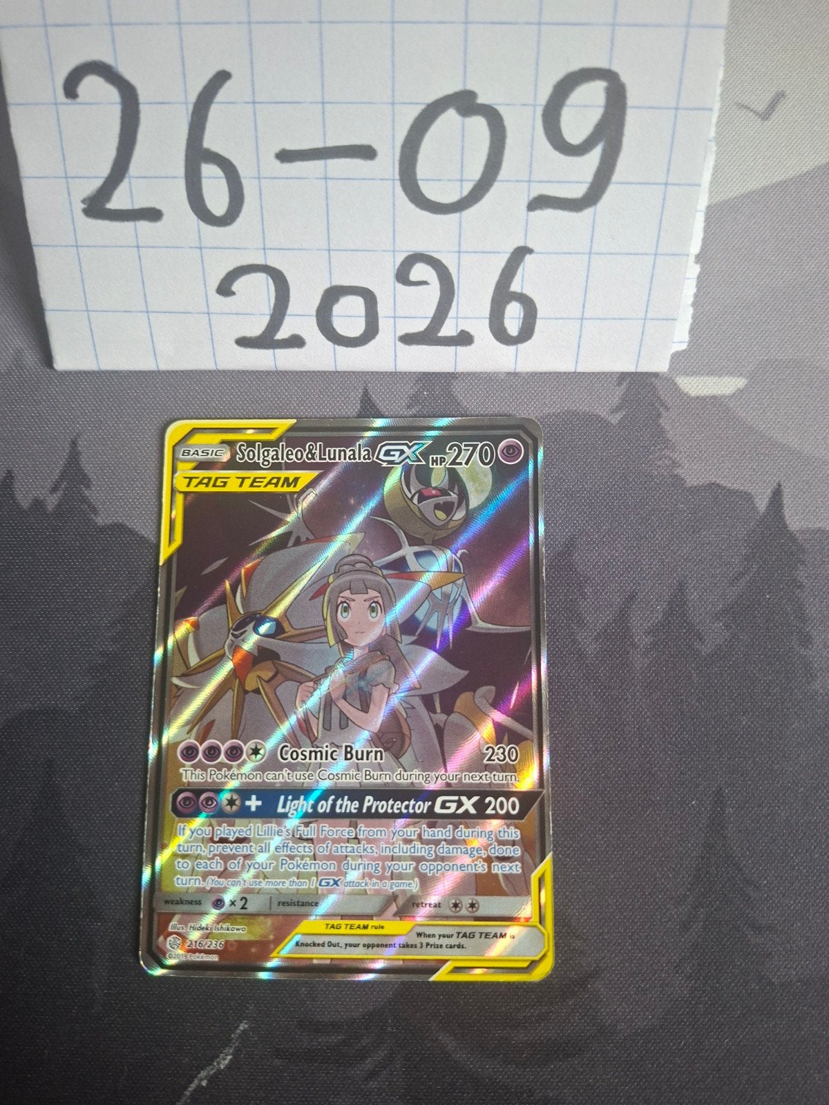 Pokémon Kaart Solgaleo & Lunala GX TAG TEAM, Ophalen of Verzenden, Zo goed als nieuw, Losse kaart, Foil