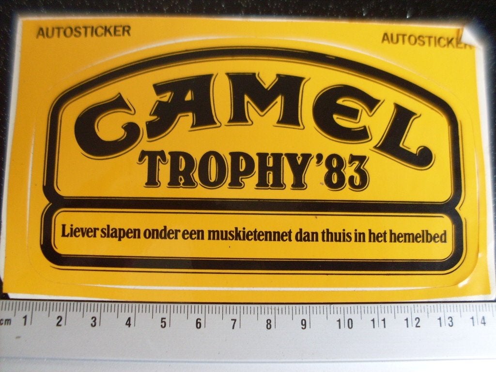 sticker camel trophy 1983 slapen muskietennet dan hemelbed, Verzenden, Zo goed als nieuw, Merk