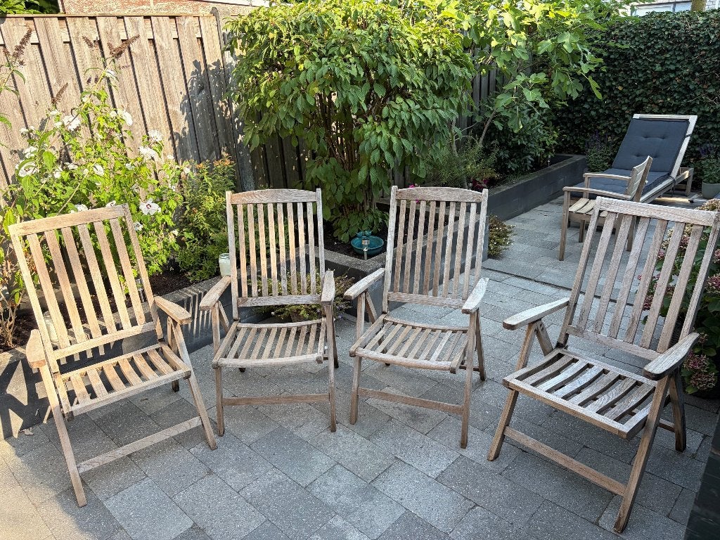 Set van 4 Teakhouten Tuinstoelen - Verstelbaar en Inklapbaar, Tuin en Terras, Tuinstoelen, Ophalen, Gebruikt, Teakhout, Inklapbaar